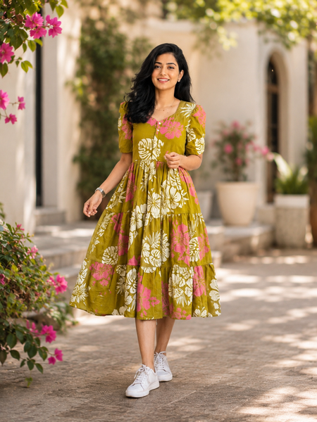 Elegant Olive Green Floral Dress for Women