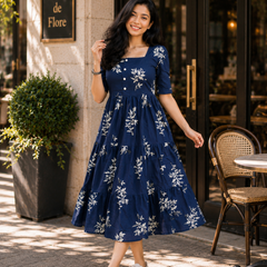 Blue Floral Rayon Dress with Square Neck & Half Sleeves
