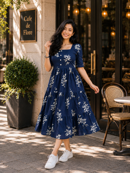 Blue Floral Rayon Dress with Square Neck & Half Sleeves