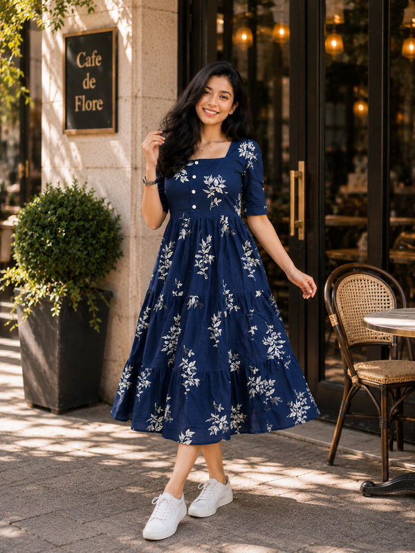 Blue Floral Rayon Dress with Square Neck & Half Sleeves