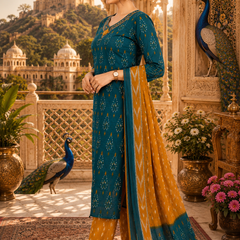 Green Floral Printed Cotton Kurta Pant & Dupatta Suit Set