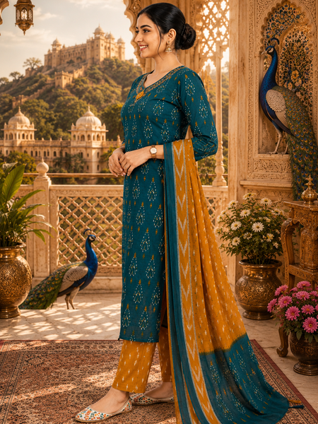 Green Floral Printed Cotton Kurta Pant & Dupatta Suit Set
