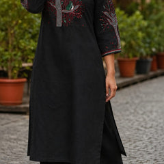 Black Floral Embroidered Cotton Kurta & Pant Set for Women