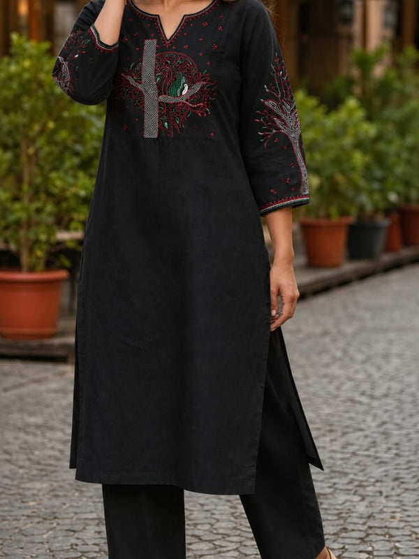 Black Floral Embroidered Cotton Kurta & Pant Set for Women