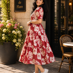 Red Floral Rayon Dress with Square Neck & Half Sleeves
