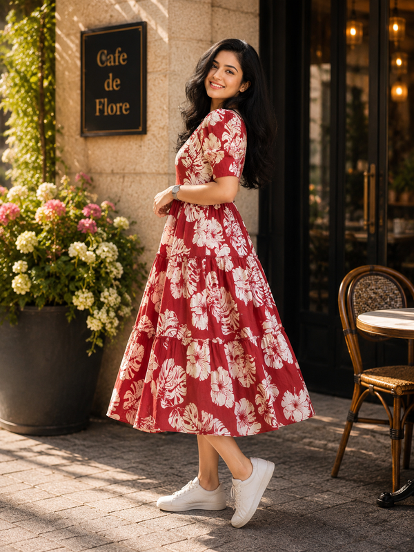 Red Floral Rayon Dress with Square Neck & Half Sleeves