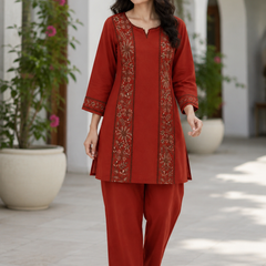 Women’s Rust Red Cotton Floral Embroidered Co-Ord Set with Pants