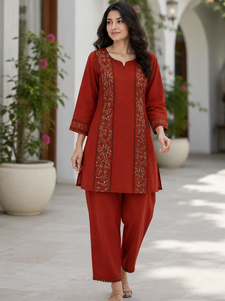 Women’s Rust Red Cotton Floral Embroidered Co-Ord Set with Pants