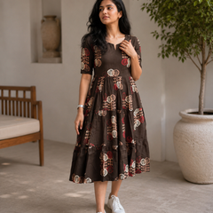 Elegant Brown Floral Rayon Dress for Women