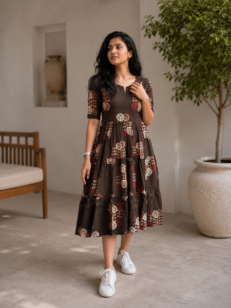 Elegant Brown Floral Rayon Dress for Women
