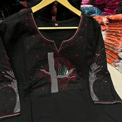 Black Floral Embroidered Cotton Kurta & Pant Set for Women
