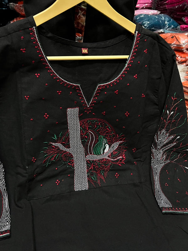 Black Floral Embroidered Cotton Kurta & Pant Set for Women