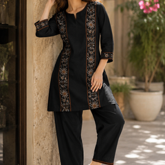 Women’s Black Cotton Floral Embroidered Co-Ord Set with Pants