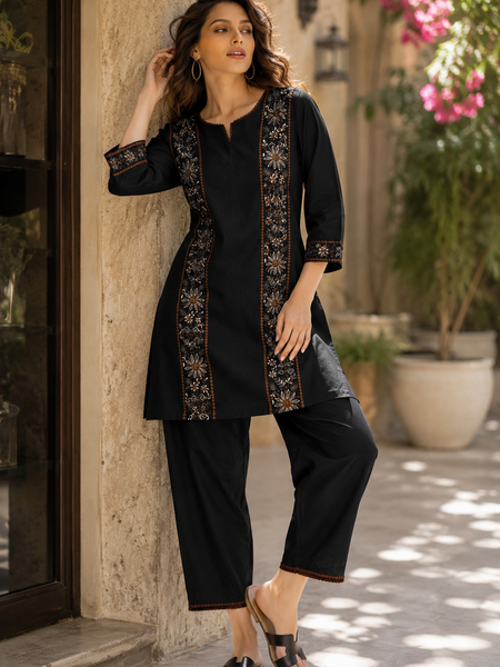 Women’s Black Cotton Floral Embroidered Co-Ord Set with Pants