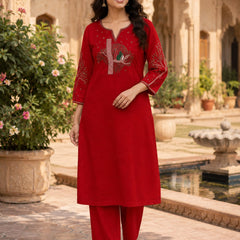 Red Floral Embroidered Cotton Kurta & Pant Set for Women