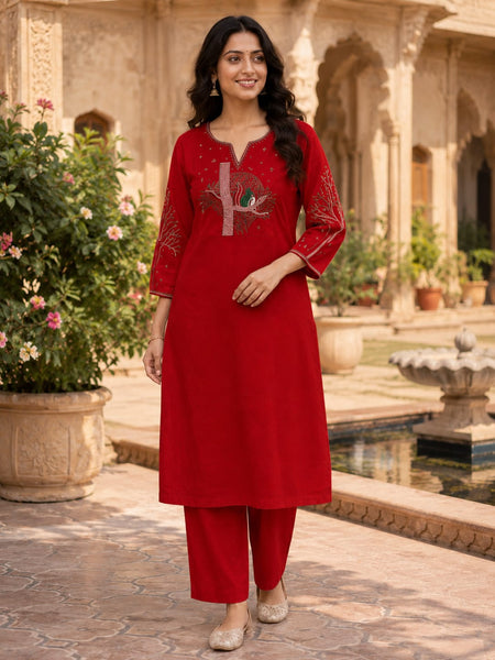 Red Floral Embroidered Cotton Kurta & Pant Set for Women