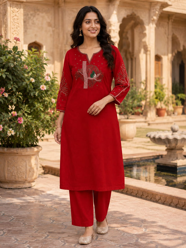 Red Floral Embroidered Cotton Kurta & Pant Set for Women