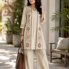 Women's Beige Cotton Embroidered Co-Ord Set with Straight Pants