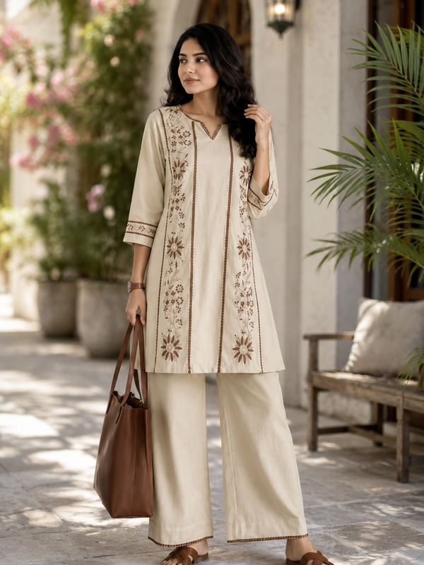 Women's Beige Cotton Embroidered Co-Ord Set with Straight Pants