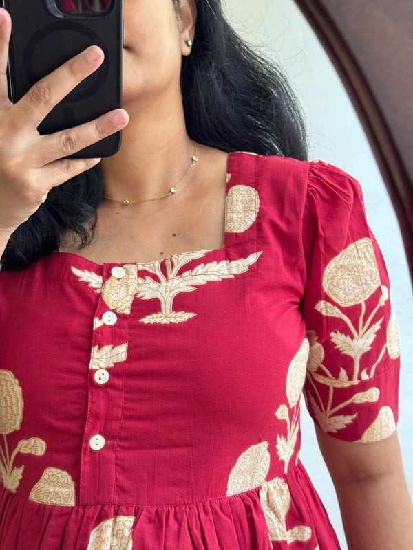 Elegant Red Ethnic Printed Rayon Dress for Women