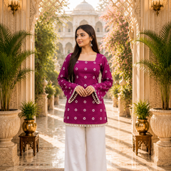 Pink Floral Cotton A-line Kurti for Women