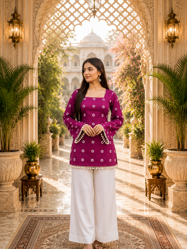 Pink Floral Cotton A-line Kurti for Women