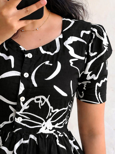 Elegant Black Abstract Printed Rayon Dress