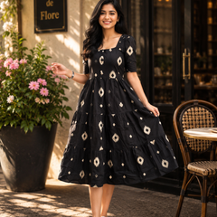 Black Floral Rayon Dress with Square Neck & Half Sleeves