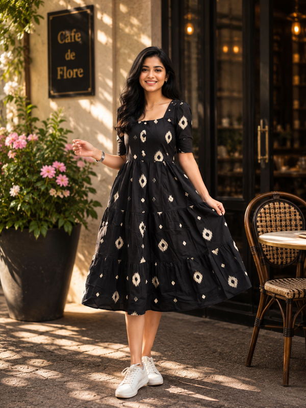 Black Floral Rayon Dress with Square Neck & Half Sleeves