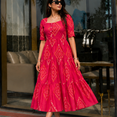 Pink Bandhani Print Rayon Midi Dress for Women