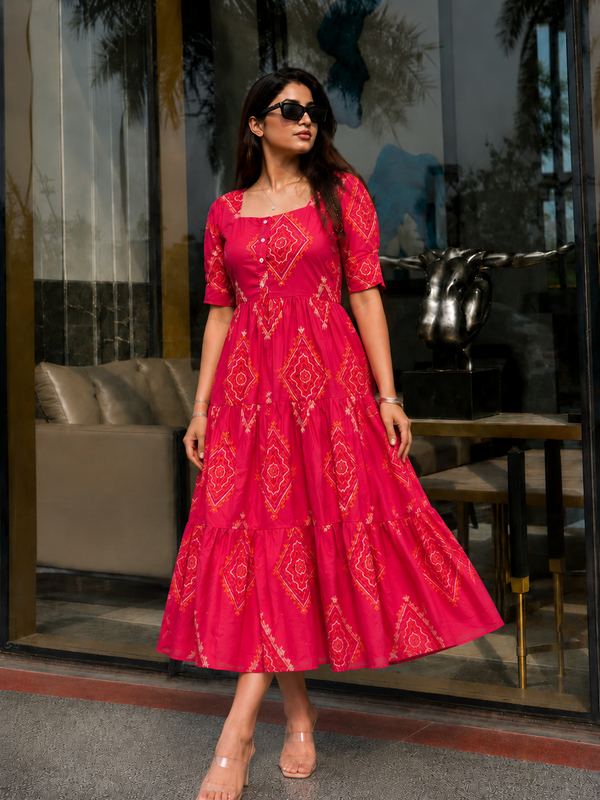 Pink Bandhani Print Rayon Midi Dress for Women