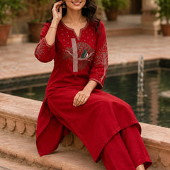 Red Floral Embroidered Cotton Kurta & Pant Set for Women