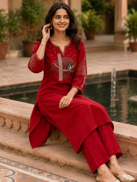 Red Floral Embroidered Cotton Kurta & Pant Set for Women