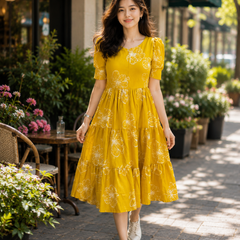 Elegant Yellow Floral Rayon Dress for Women