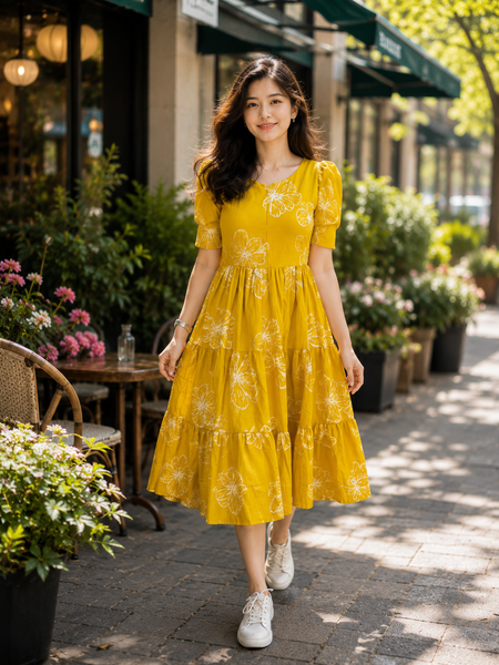 Elegant Yellow Floral Rayon Dress for Women