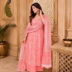 Peach Pink Printed Cotton Rayon Suit Set for Women