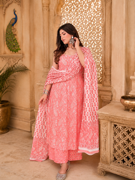 Peach Pink Printed Cotton Rayon Suit Set for Women