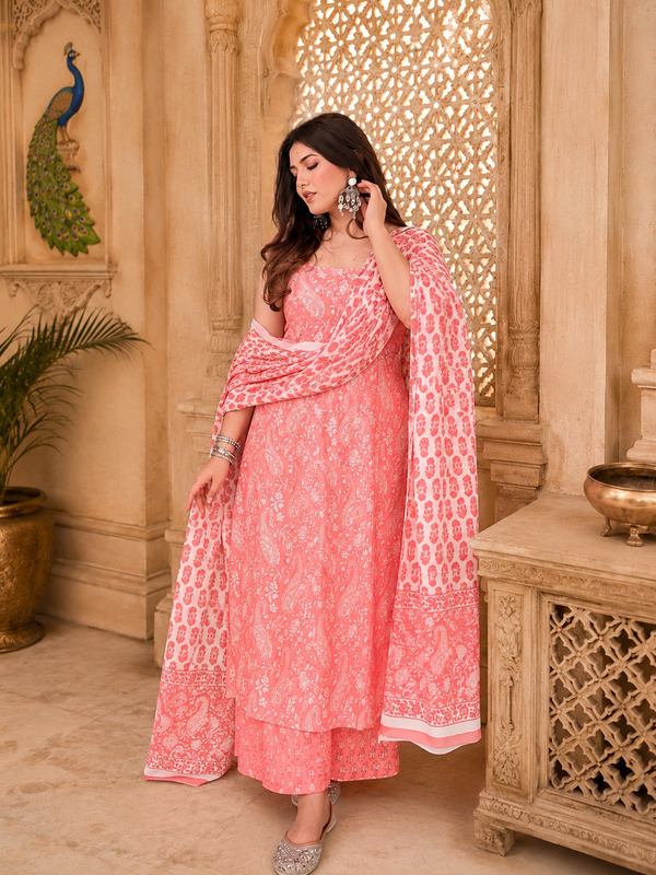 Peach Pink Printed Cotton Rayon Suit Set for Women