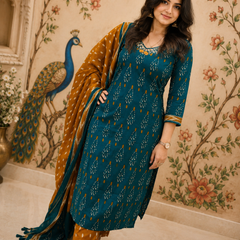 Green Floral Printed Cotton Kurta Pant & Dupatta Suit Set