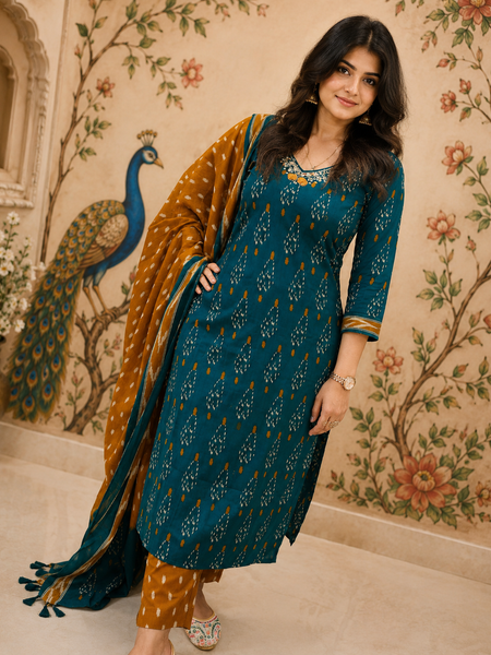 Green Floral Printed Cotton Kurta Pant & Dupatta Suit Set