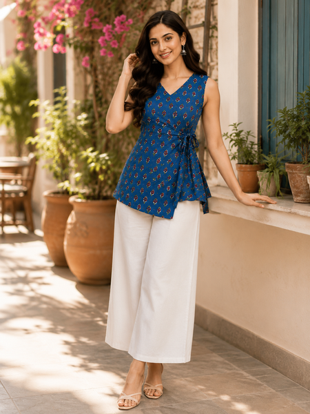 Women’s Blue Rayon Floral Print Sleeveless Short Kurti