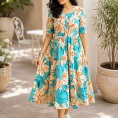 Women's Sky Blue Floral Print Casual Midi Dress