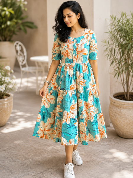 Women's Sky Blue Floral Print Casual Midi Dress