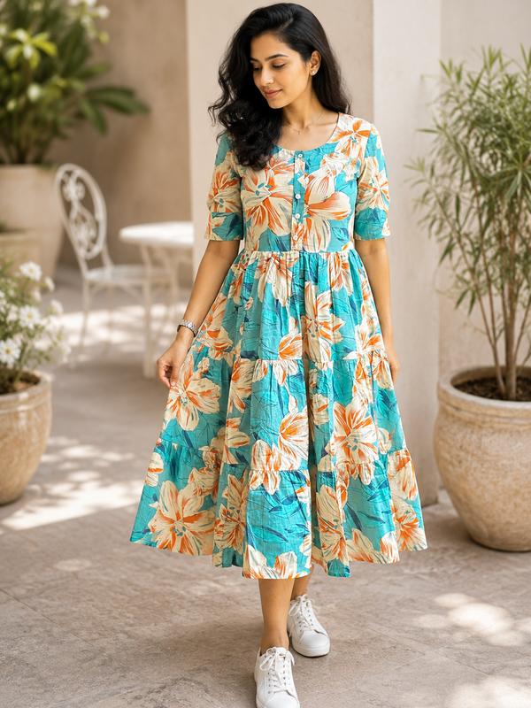 Women's Sky Blue Floral Print Casual Midi Dress