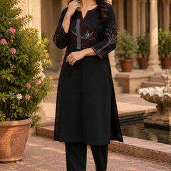 Black Floral Embroidered Cotton Kurta & Pant Set for Women