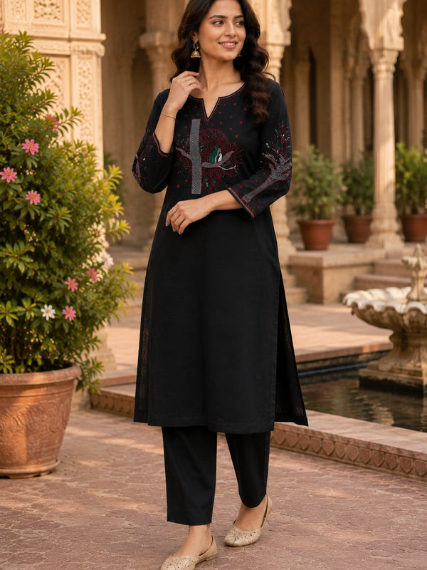 Black Floral Embroidered Cotton Kurta & Pant Set for Women