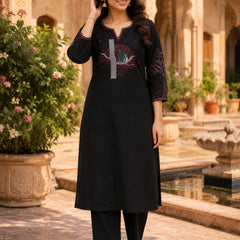 Black Floral Embroidered Cotton Kurta & Pant Set for Women