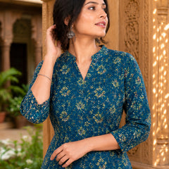 Dark Blue Floral Printed Rayon A-Line Kurti