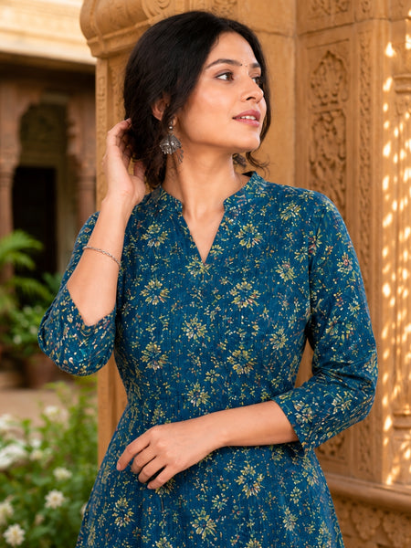 Dark Blue Floral Printed Rayon A-Line Kurti