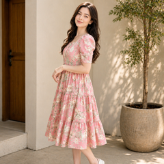 Pink Floral Rayon Dress with Square Neck & Half Sleeves